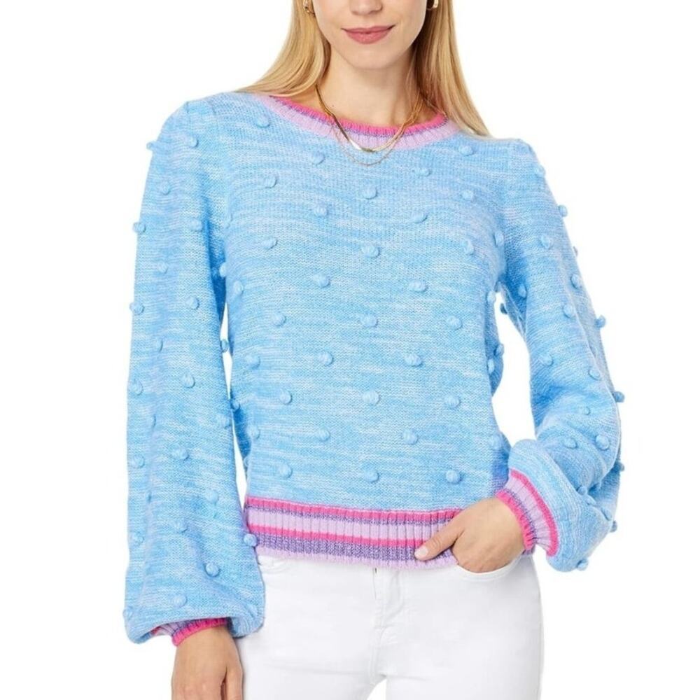 Lilly Pulitzer Verna Blue Peri Marl Metallic Pom Pom Preppy sz L Bell Sleeve